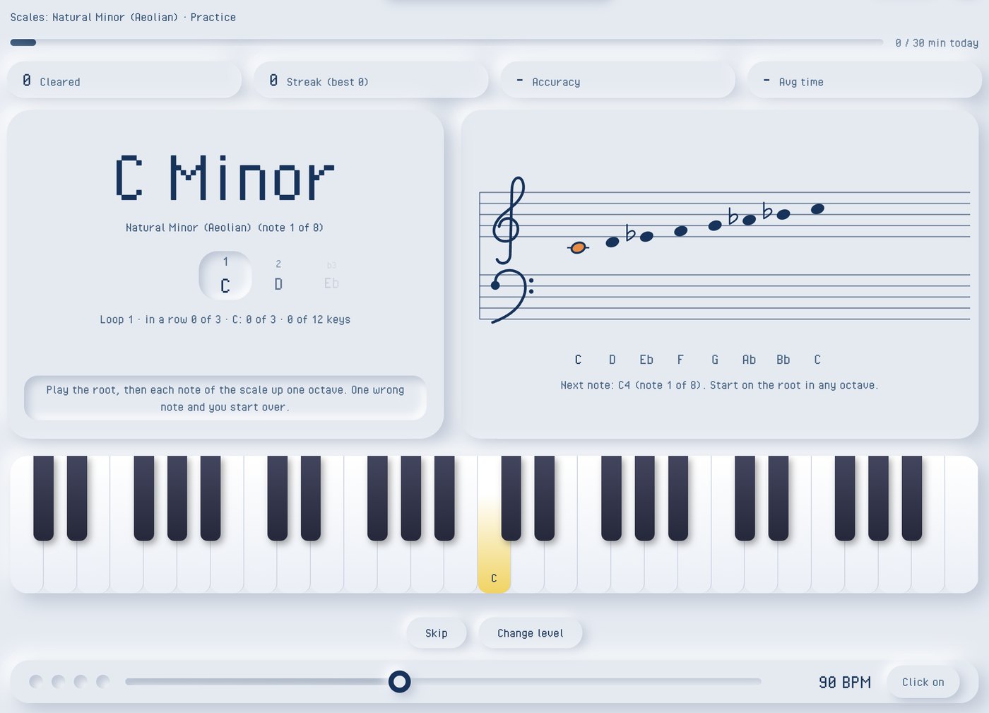C Natural Minor scale shown on a staff with the next key highlighted